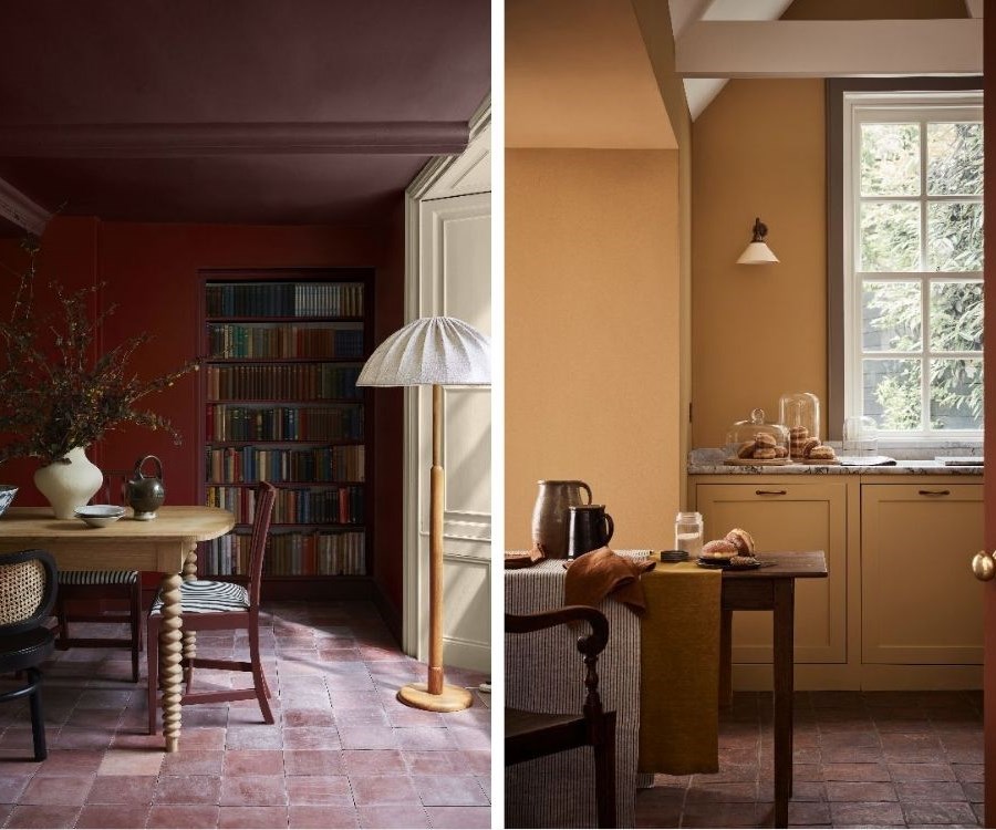 collage of two images. close ups of dining spaces painted in autumnal colours