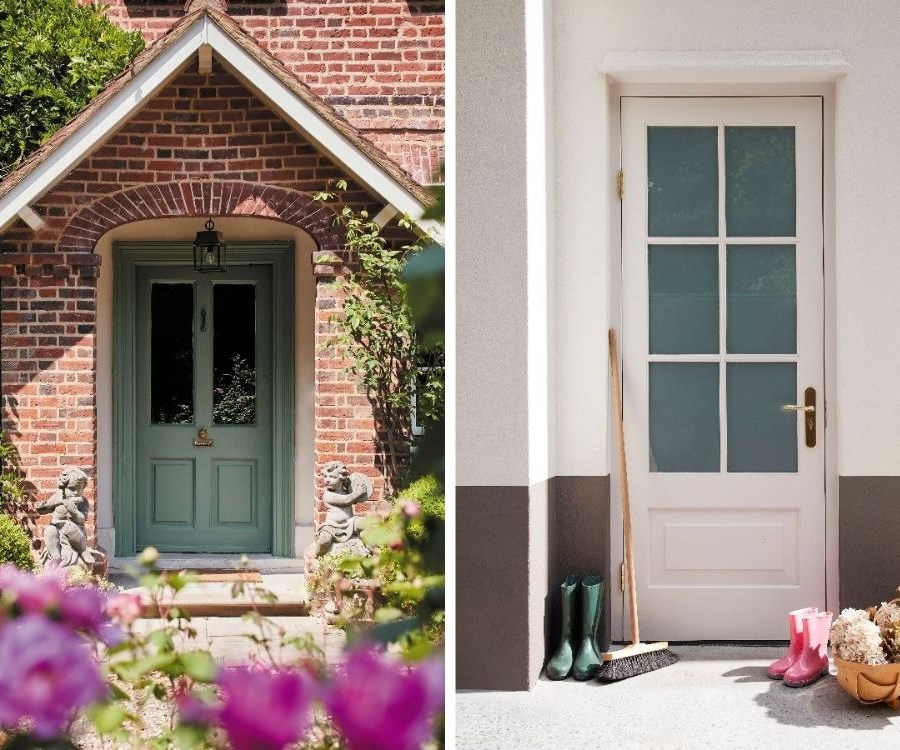 collage of two umages. front doors painted in green and off white