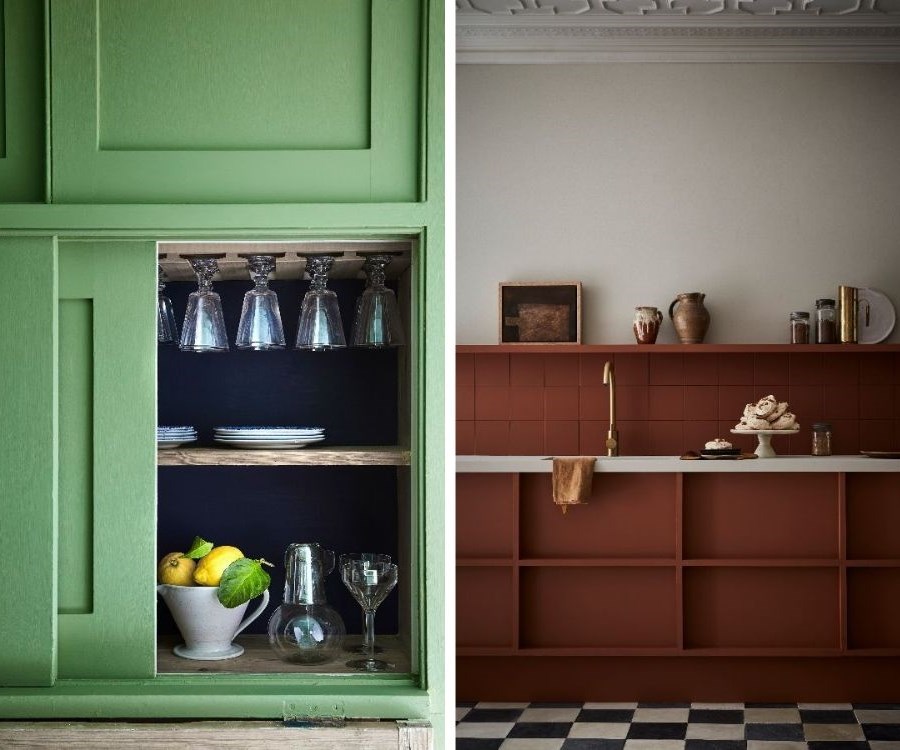 collage of two images. close ups of kitchen spaces